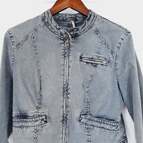 Free People Washed Gray Fitted Moto Racing Denim Jacket - Picture 2 of 9